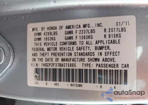 2011 Honda Accord 2.4 Lx from USA, damaged, VIN 1HGCP2F37BA075895